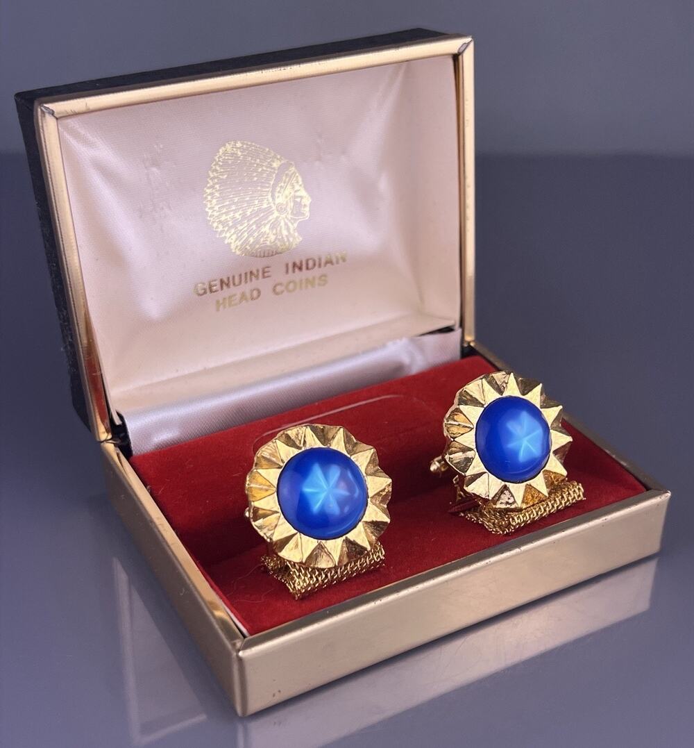 Blue Star Cabochon Sun Burst Wrap Around Cufflinks Gold Tone Round NOS Vintage